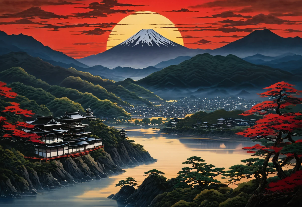 This artwork captures the stunning beauty of Japan's Sengoku era, where the setting sun casts a warm, red glow over mountains and ancient castles. As time gently passes, the magnificent sunset that warriors of old once gazed upon unfolds before your eyes. This piece invites you to savor a tranquil moment where history and nature meet in perfect harmony.