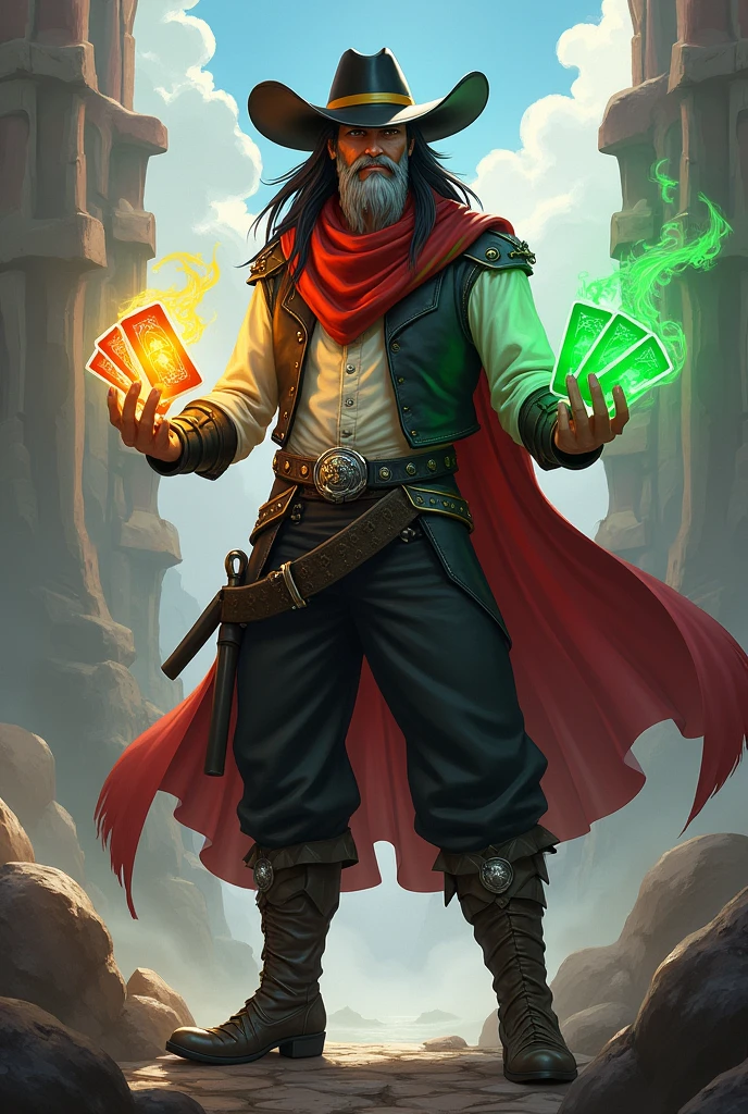 Hector stands at 1.75 meters, exuding a rugged charisma shaped by countless adventures. His long, dark hair, streaked with a striking line of white, frames a face marked by determination and youthful. A well-groomed beard, with hints of white, adds a touch of maturity without overshadowing his vitality. His deep brown eyes, sharp and reflective, burn with quiet resolve. A red scarf with intricate golden patterns drapes around his neck, complementing a white dress shirt and sleek black vest. Brown pants with a stone-adorned belt and silver-spurred boots complete his look. A black cowboy hat with a yellow band adds to his enigmatic aura. Hector wields two decks of cards—one glowing yellow, the other green—manifestations of his powerful magic. Deeply loyal to his allies and protective of his family, Hector stands as a beacon of hope and strength in a chaotic, fantasy ,RPG style.