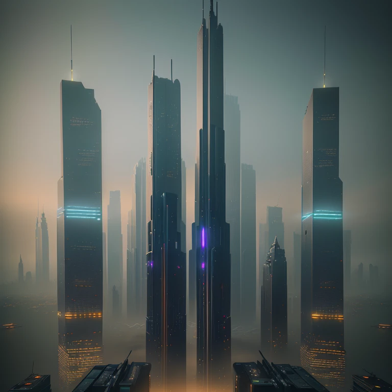 there is a city with tall buildings and a lot of lights, foggy dystopian world, matte painting unreal engine, 8k matte painting, 8 k matte painting, sci - fi scene future new york, aerial view of a cyberpunk city, 3 d render beeple, 3d rendered matte painting, cinematic matte painting, atmospheric establishing shot, photo of futuristic cityscape