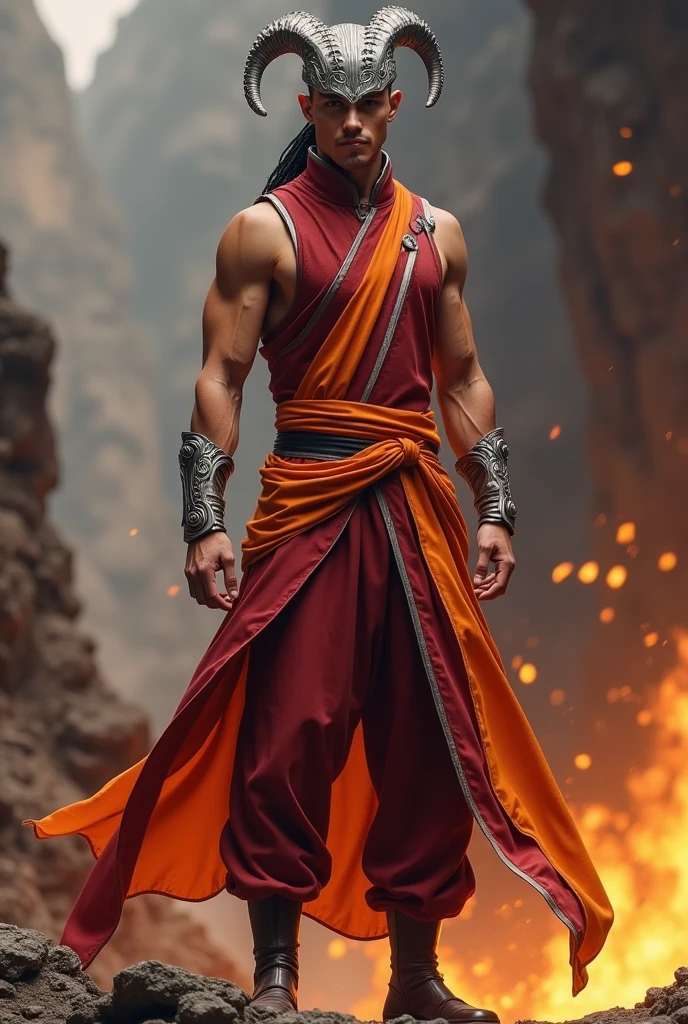 Create an outfit based on Avatar: The Last Airbender in the same style as the animation., where the character is a firebending man, something that can be done but the clothes have silver accessories