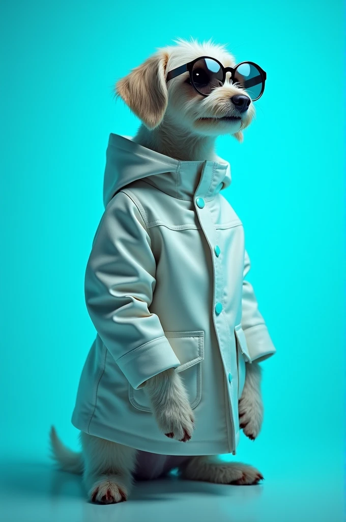 The best cell phone wallpaper, Award-Winning Wallpaper, portrait photography, In the front view is a portrait of a cute dog wearing mid-1960s space age fashion, Side view photo, Shot with Canon EOS R5, Set a strong contrast that accentuates the subject, Fluorescent blue tone, Wearing a very modern coat and sunglasses is a modern 1960s style, Clothes all in one color, beautiful background