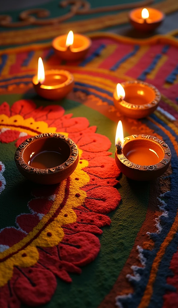 Top-down view of intricately designed Diya lamps placed on a colorful rangoli pattern, illuminating the surrounding area with a warm glow