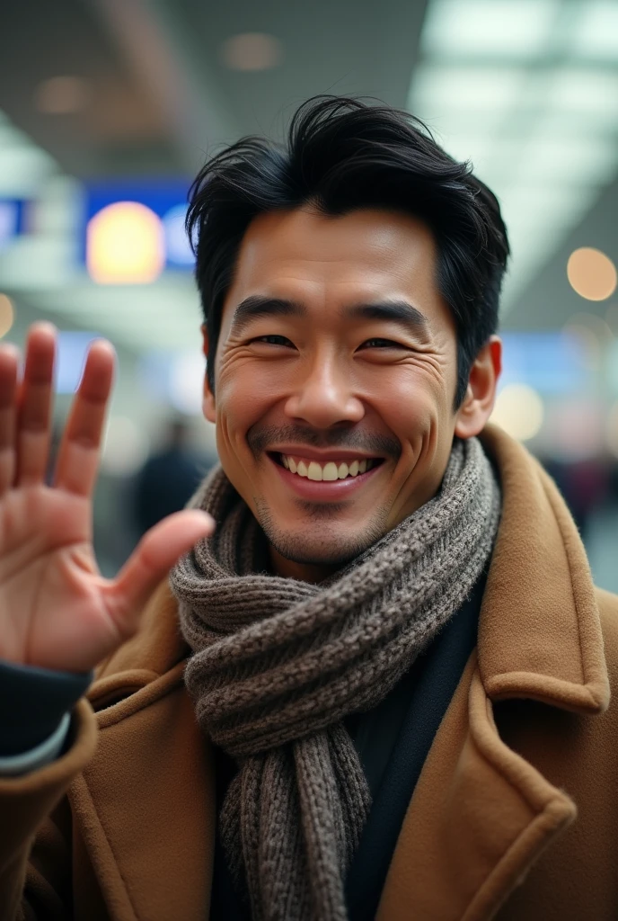 Tanned japanese handsome tall man wearing warm winter outfit in soft colors, the man waving and smiling in paris airport, Close up, ultimate photorealistic.