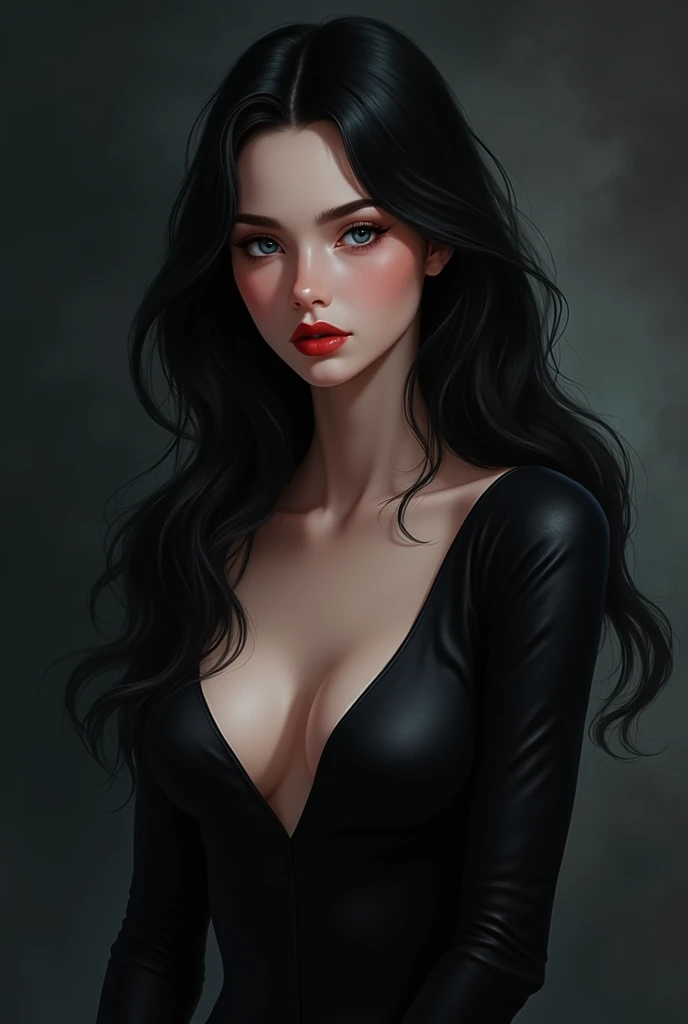 A girl with a diamond-shaped face, thin nose, thick, slightly red lips and long, wavy black hair, with a very small waist, and a fitted dress, with a dominant look and big blue eyes with white skin and a dark background