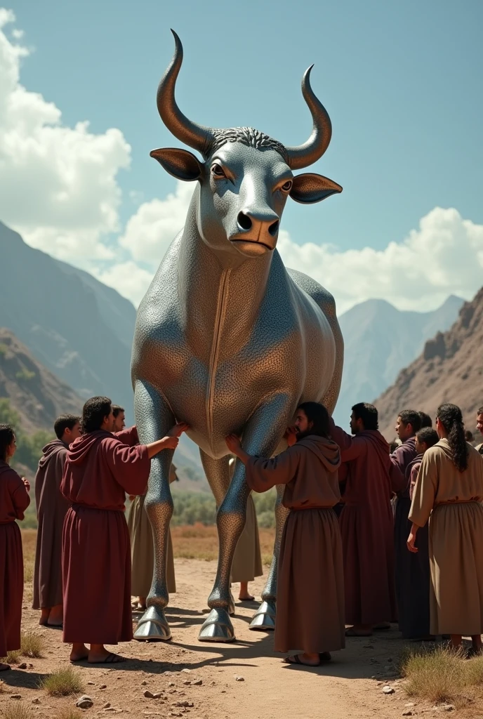 (photorealism:1.2), People worshipping a silver bull figure ,Approximately 1.5 meters, loading it between several people ,at the time of Jesus Christ