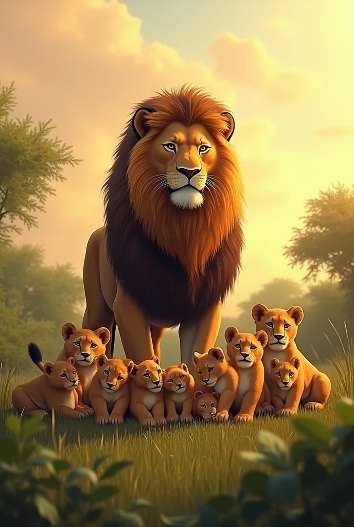 Male lion standing with 12 cubs