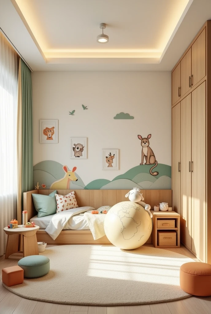 Professional 3d architecture rendering design of modern and light moss and so light Thunder and light cream and light orange wooden Modern and minimal design for chid bedroom and light cream carpet with animals painting and white painting wall and light wooden closet with animals painting and modern ceiling lighting and modern curtains for chid room and the child bed similar globe and safety chair for chid and many toys