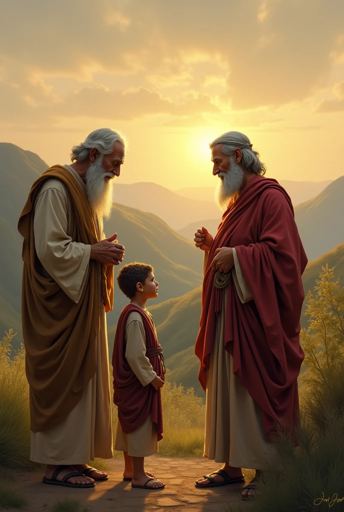 young boy talking to another older Hebrew, on a plantation, biblical story, 4k image, cinema image