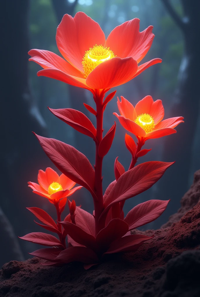 Name of the Plant: Nectafloris Pyrofilia Illustration: A shrubby plant about 2 meters tall, with robust branches and spiral-shaped leaves that are a deep red color. The flowers are big, approximately 20 cm in diameter, and they have thick petals that look like they are made of wax. These flowers emit a warm light and an orange glow when night falls., creating an incandescent effect in the environment
