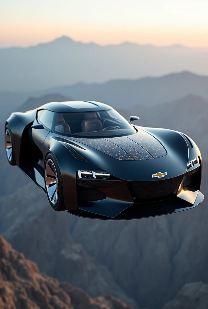 A Chevrolet car, In the black color, with eight seats, solar panels on the roof, leather in the upholstery, jet thrusters under the car, making it fly over, spherical steering wheel, watter cooler as cooling on the hood.