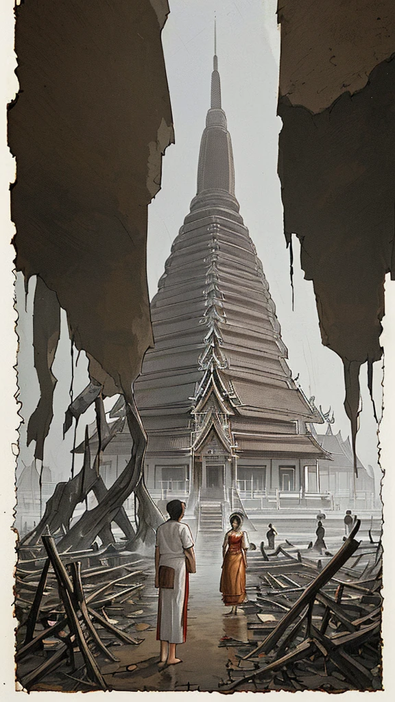 "A rare, faded, and blurry old-style image of Thai villagers from the Bangkok period standing near the wreckage of a massive, heavily damaged UFO that is partially embedded into the ground. The UFO is intricately detailed with a futuristic design, appearing almost ancient in its decay. In the background, traditional Thai architecture with tall pagodas adds a historical contrast. The villagers, dressed in traditional Bangkok attire, stand solemnly, looking towards the wreckage. The image has a worn, cracked, and aged appearance, as if it were an old photograph, with desaturated and muted colors."