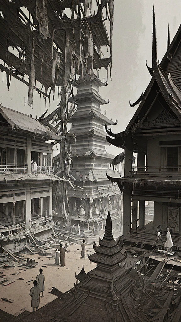 "A rare, faded, and blurry old-style image of Thai villagers from the Bangkok period standing near the wreckage of a massive, heavily damaged UFO that is partially embedded into the ground. The UFO is intricately detailed with a futuristic design, appearing almost ancient in its decay. In the background, traditional Thai architecture with tall pagodas adds a historical contrast. The villagers, dressed in traditional Bangkok attire, stand solemnly, looking towards the wreckage. The image has a worn, cracked, and aged appearance, as if it were an old photograph, with desaturated and muted colors."