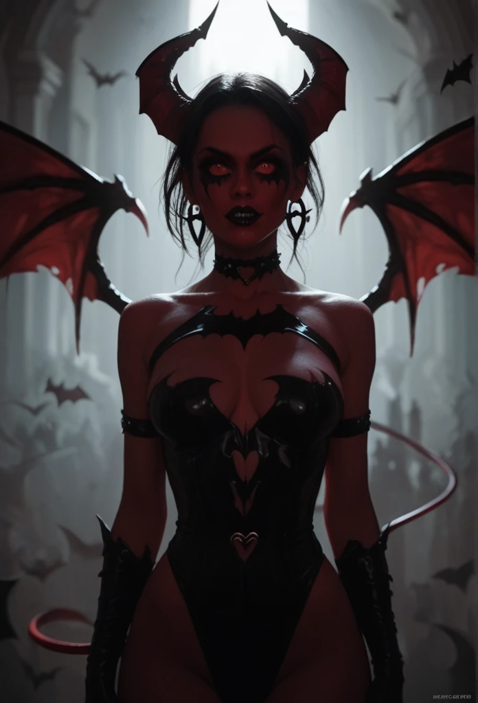 A demonic woman with large bat-like wings、Devil Woman High Definition, Widescreen, Drop Shadow,