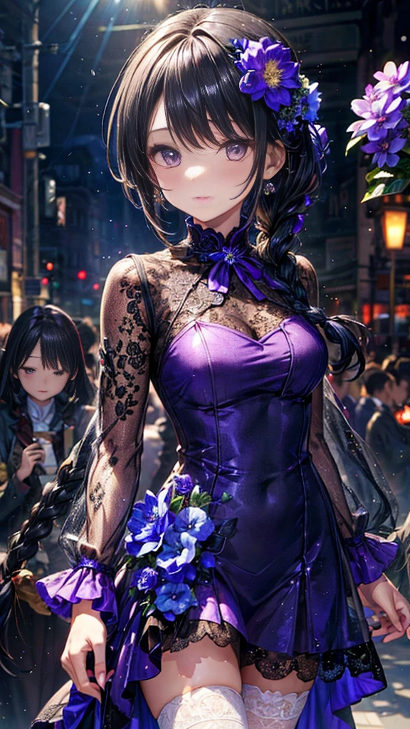(Shiny purple long sleeve dress、)(((Flared flower lace see-through)))、black braids、(Hair tied back)、White Beauty