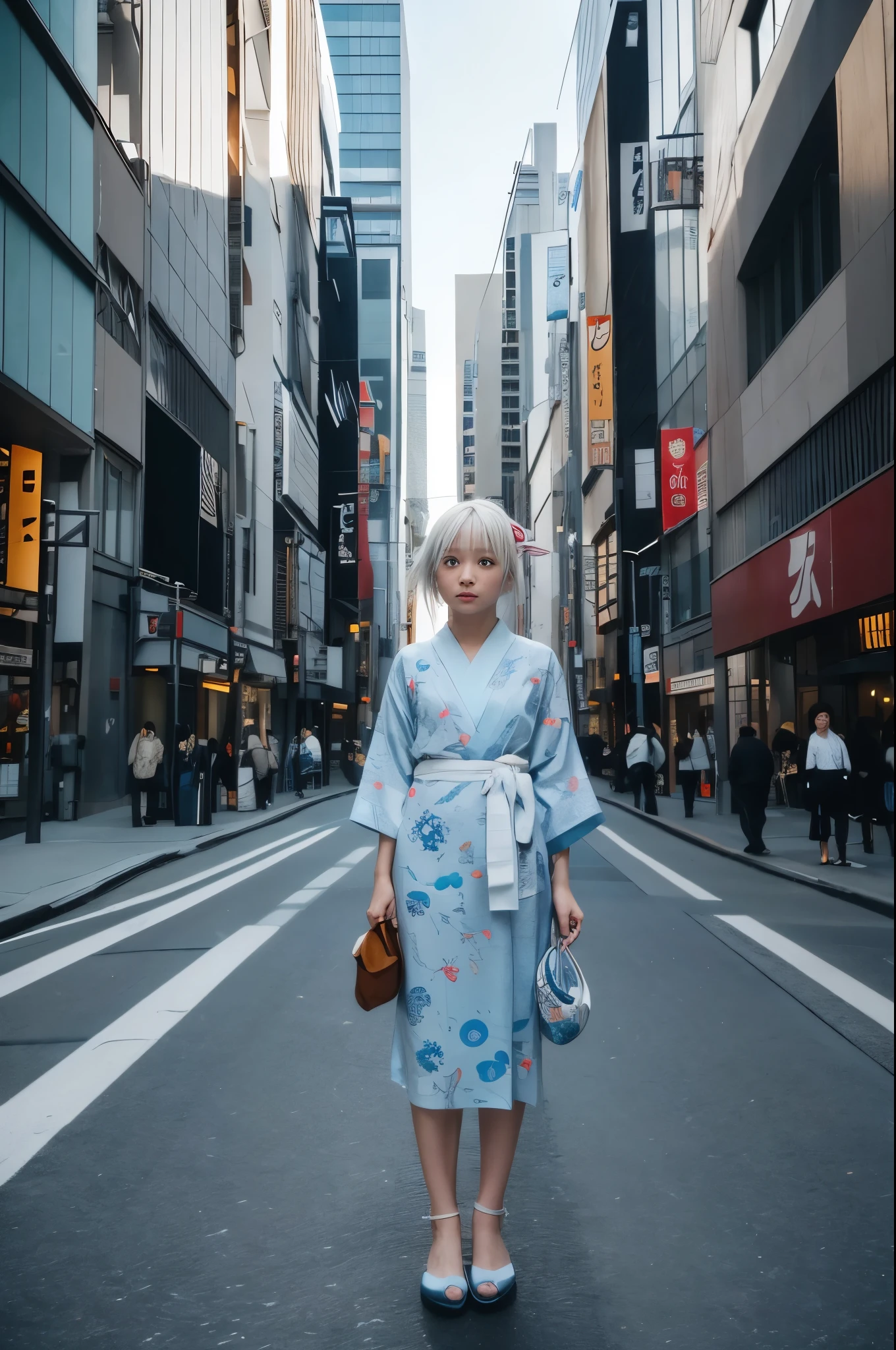 A street photograph capturing a Japanese girl with semi-long platinum white hair, floating effortlessly in the space between buildings in Tokyo's Ginza office district. The area is dark , nestled between skyscrapers, with the afternoon sunlight filtering through and casting dramatic chiaroscuro patterns across the scene. The girl, dressed in a traditional light sky blue yukata with delicate white rabbit prints, tied with a thin blue obi , appears almost ethereal, like a spirit of the city. Her hair flows gently as she hovers in the air, her gaze calm and serene as she surveys the scene below. The contrast between her traditional attire and the futuristic cityscape enhances the mysterious and otherworldly atmosphere. The image is stylized to mimic machine-made street photograph y with a 120mm film effect , emphasizing the dynamic chiaroscuro lighting, with cool tones and 35mm film aesthetics .