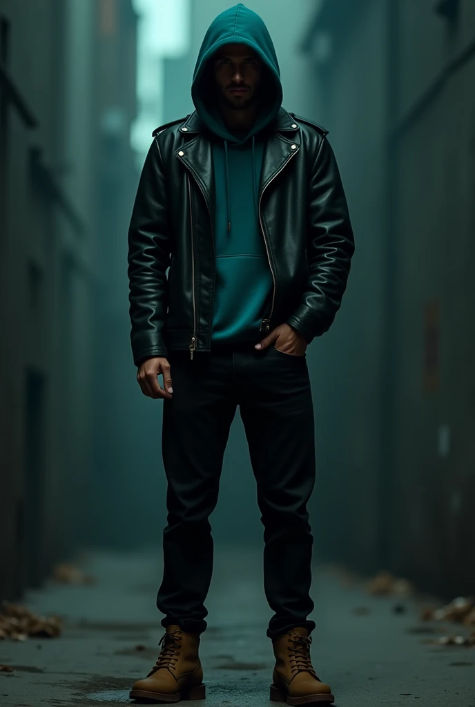 Black leather jacket, under dark turquoise hooded sweatshirt, black jeans and camel shoes