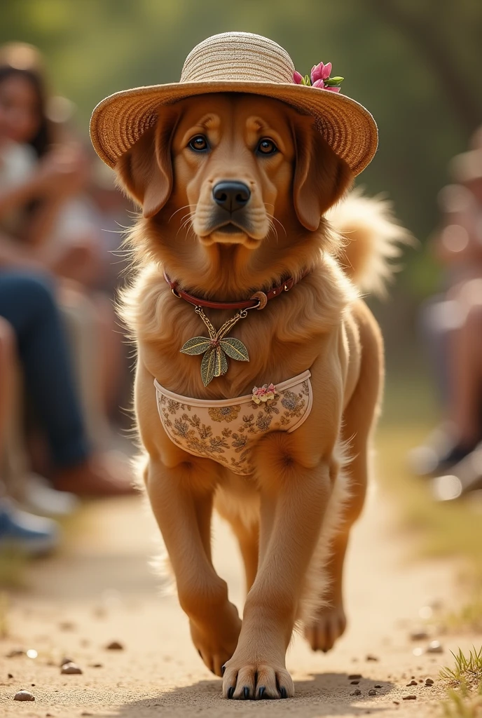 The anthropomorphic golden retriever's eyes sparkle with love and curiosity for rural life,Walking down the catwalk with a cheerful and confident pace,It seems to be inviting the audience to experience the tranquility and beauty of the countryside together.。Every movement of them is full of vitality and agility.,People can't help but be infected by this innocence and enthusiasm。In this lingerie and stockings show,Dogs as anthropomorphic characters,Perfectly combines rural style fashion and fun,Bringing a unique visual feast to the audience。
Against a warm pastoral background,Anthropomorphic dogs wear underwear and stockings inspired by natural elements。Underwear made of soft cotton,Mainly earth tones,Such as beige、Light brown or light green,It creates a warm and comfortable atmosphere。The underwear is embroidered with delicate floral patterns or small scenes of pastoral scenery,Like a sunflower field、Grape vine racks, etc.,Every detail reveals the love for rural life。Light and transparent texture,It can be decorated with small lace or patterns imitating dog paw prints.,Add a touch of fun and playfulness。
shoe:
Dogs wearing country-style flats or sandals,Upper made of soft material,Such as canvas or leather。shoe上装饰着蝴蝶结、Small flowers or straw elements,It not only shows the leisurely atmosphere of the countryside,It also cleverly incorporates the liveliness and cuteness of dogs.。shoe的颜色与内衣相协调,Together they create a natural overall image。
hat:
A wide-brimmed hat made of cotton or straw material is gently placed on the dog's head.,The brim is wide,While shielding them from the sun,It also adds a pastoral flavor。hat上可以装饰着鲜花、Fruit or small animal-shaped ornaments,Like a woven butterfly or a bunch of simulated grapes,Make the overall look more lively and interesting。
Accessories:
The dog is wearing a necklace with a pastoral theme、Bracelets and earrings。Necklaces can be colorful glass or wooden beads strung together on a string.,Bracelets can be small bells or bone-shaped pendants hung on braided knots.。For earrings, choose simple wooden or metal flower designs.,Or a design that imitates the shape of dog ears,It is in line with the pastoral style,It also shows the unique charm of dogs。