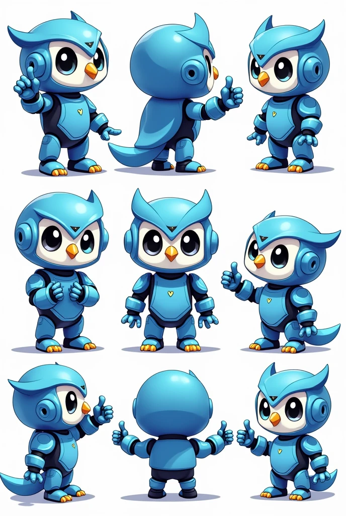 a cartoon character of a mini blue robot owl, app design, cyber suit, based on child's drawing, dd, transparent background, cryptocurrency, advanced digital chibi art, an eagle, plush mascot, sparky, humanoid form, artist interpretation, computer drawing, test screen, cryptopunk, toddler, the argo, adorable design, without background, cardboard cutout, locklegion, Styled Character mutiple expressions and poses and thump up