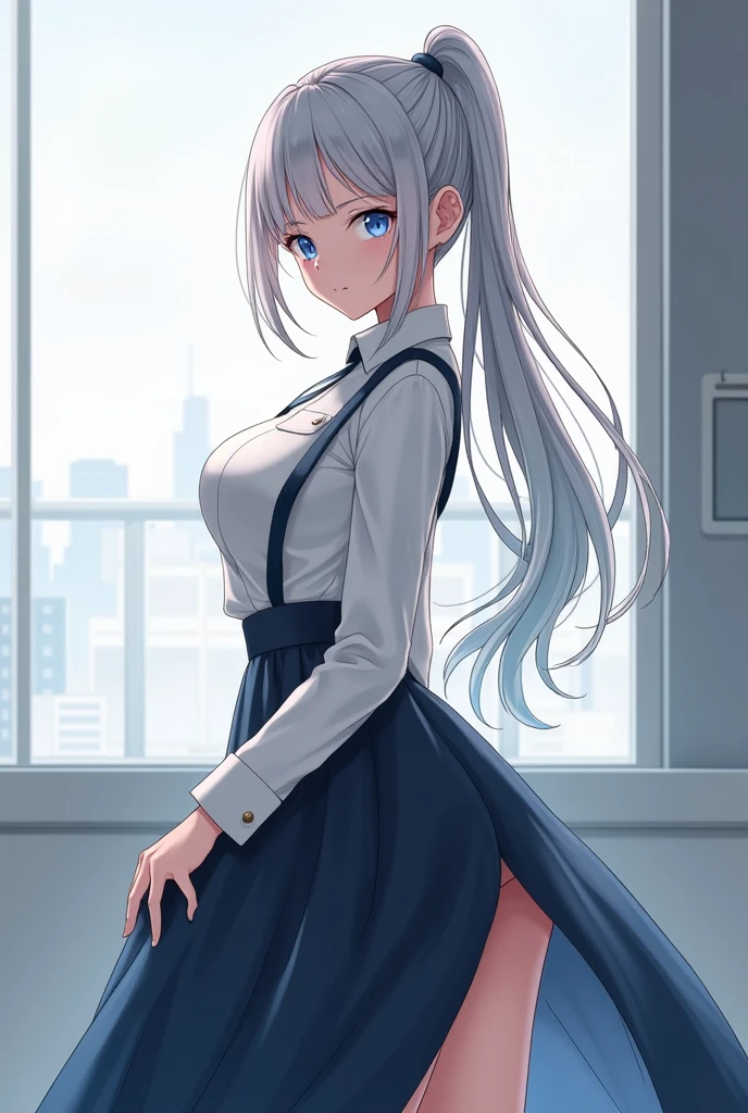 Generates a girl with silver hair and a ponytail and blue eyes with big thighs and a modern elegant uniform with a long skirt Anime version