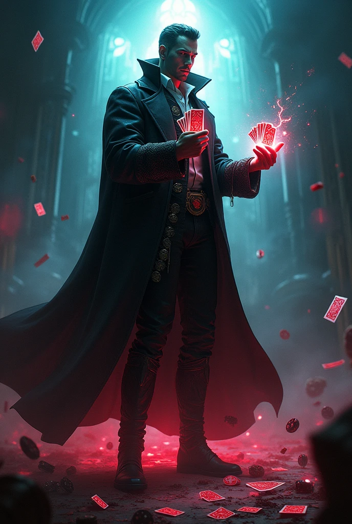 A dramatic and epic scene of a character named Hector, a card dealer with a mysterious aura, standing in a dynamic, chaotic environment where elements of luck, chance, and randomness swirl around him. He is holding a deck of cards glowing with energy, while the background features a mix of Western and medieval elements—dice, cards, and symbols of fortune fly around in a whirlwind. The atmosphere is intense, with dark and moody colors, neon highlights, and an ethereal light casting a shadow over Hector, emphasizing his power. Hector's expression is one of confidence and focus, capturing the moment of his 'domain expansion' where he unleashes his full power.
