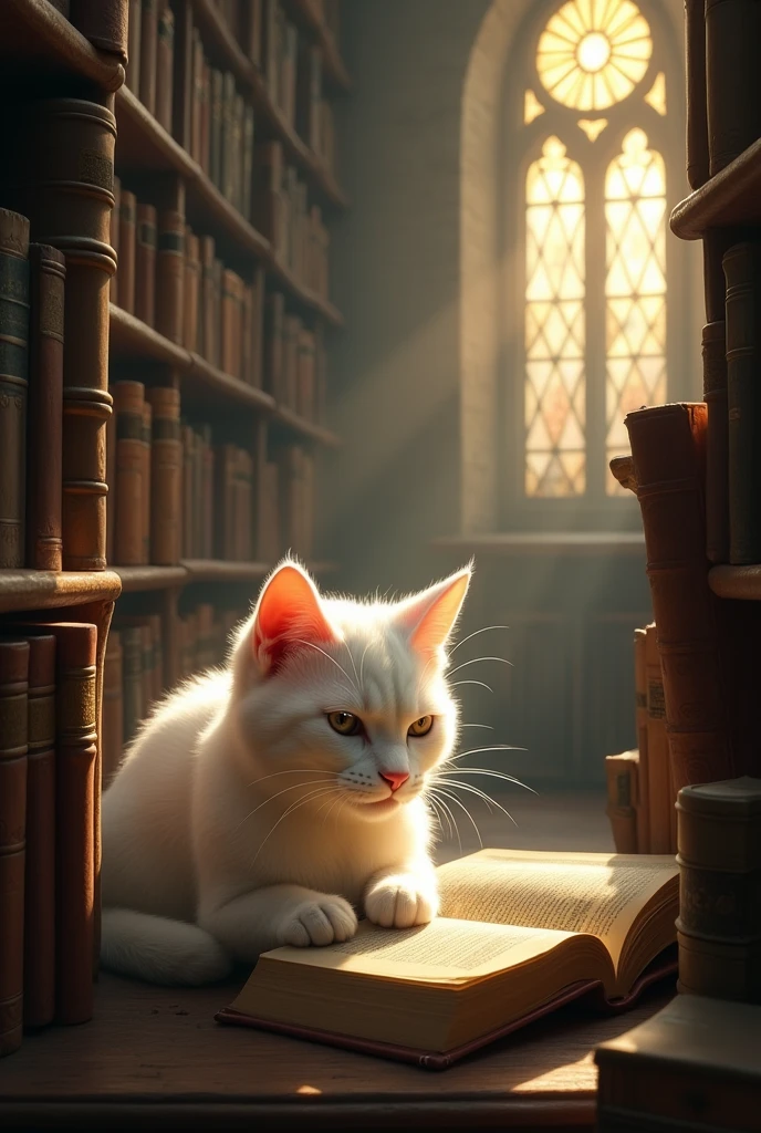 A beautiful white cat secretly reading books in library.