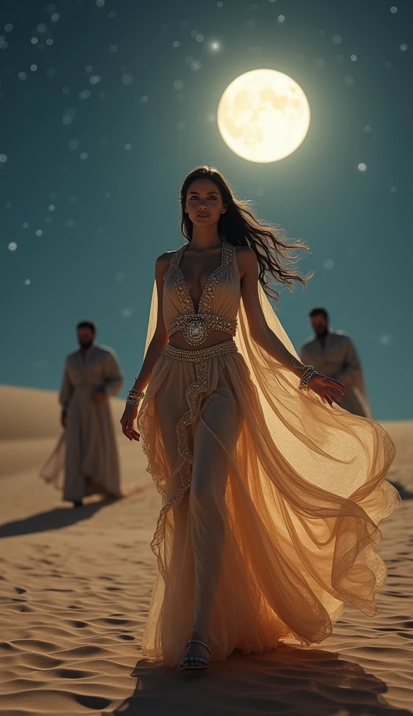 Arabian woman (top model, age 25, many fine layers of airy sheer fabric, Arabian princess) walking through the desert at night. Bodyguards flank her.
