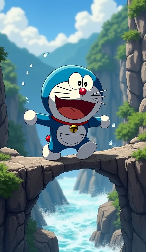 Doraemon is jumping over large slippery rocks to cross a deep canyon.. At his feet is a rushing river., create a sense of danger. On Doraemon's face is a look of intense concentration..
Side view step through