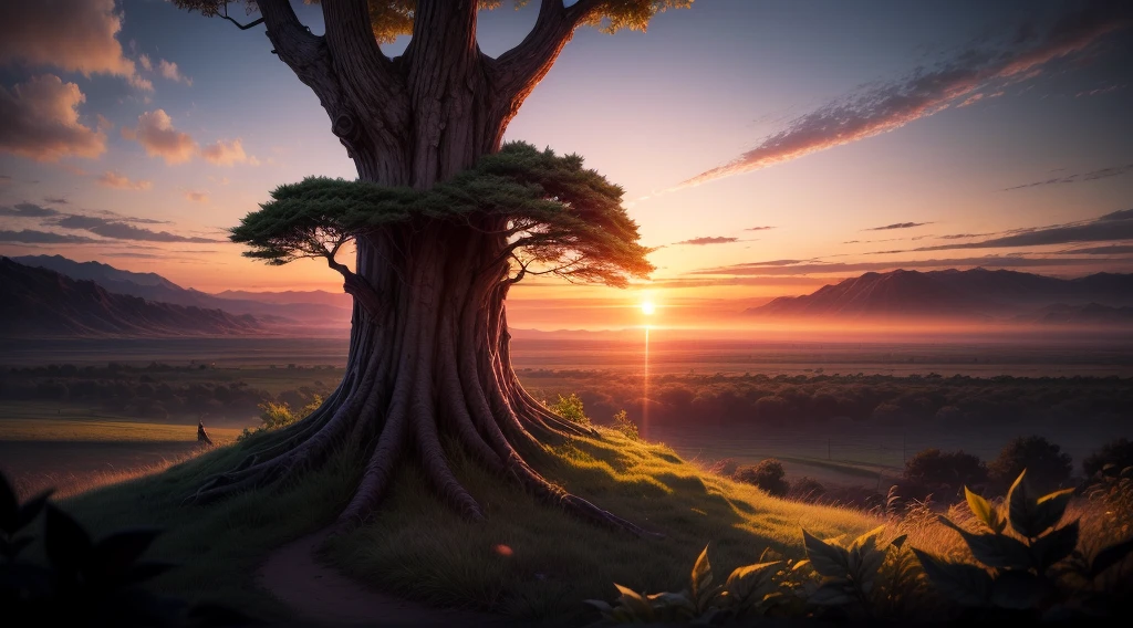 leafy tree in beautiful and epic sunset scene, Photography movie cinematic