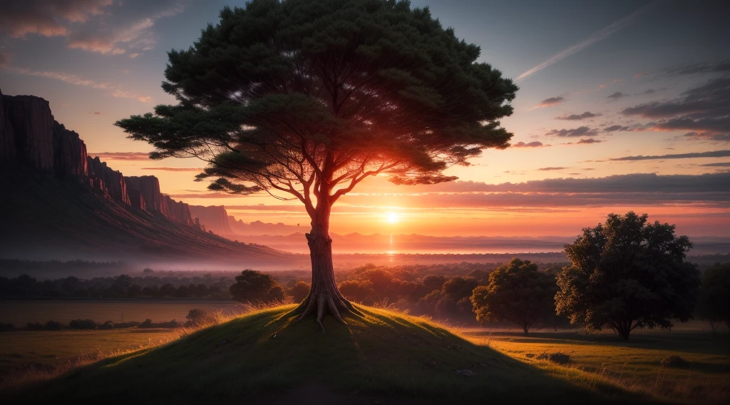 leafy tree in beautiful and epic sunset scene, Photography movie cinematic