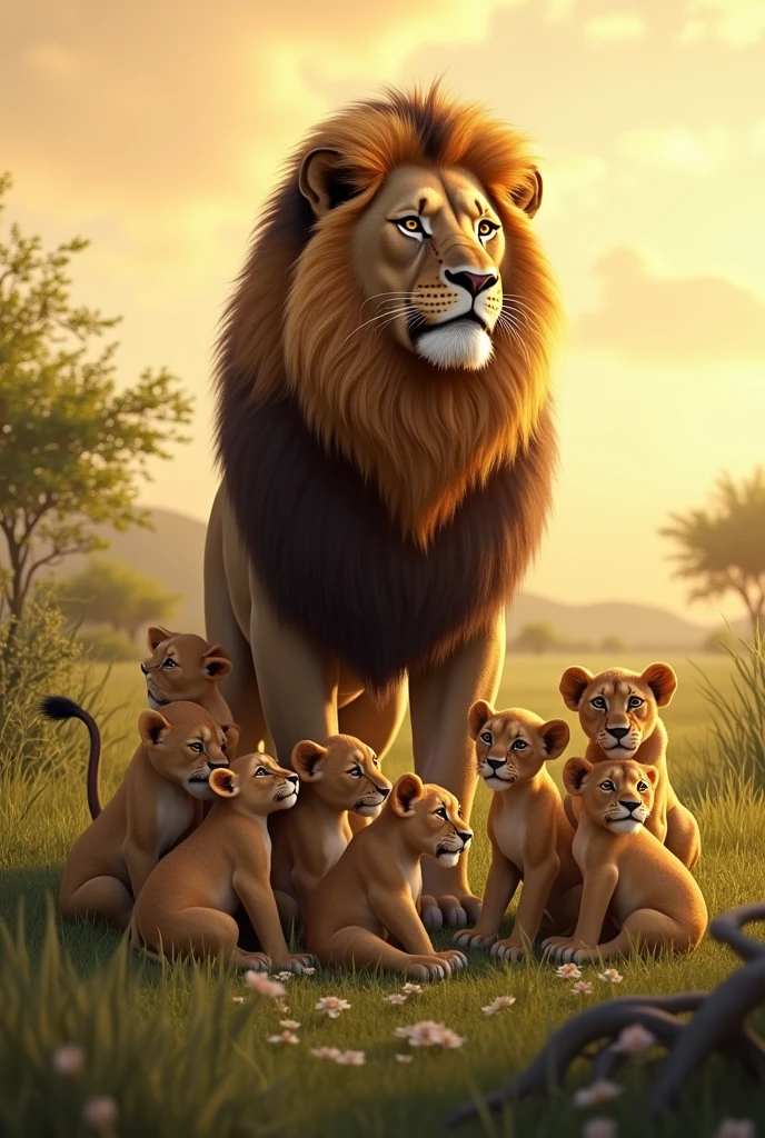 Male lion standing with 12 cubs