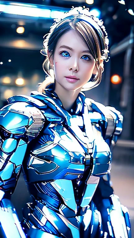 Wide-angle shot, 1 female, Mecha, Sparkling Blue Eyes, Very cute face, (Realistic:1.37), バイオMechaニカル, Spaceship interior bokeh background, Ultra-realistic, Very detailed, Very intricate details, Beautiful woman in focus