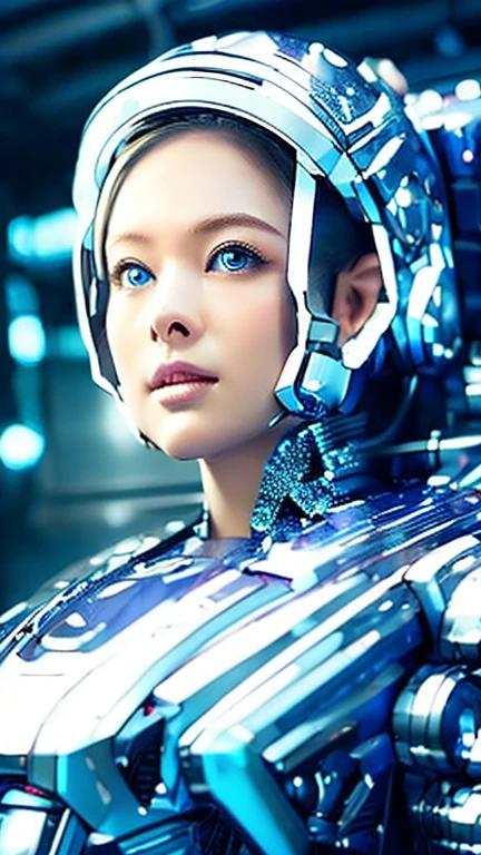 Wide-angle shot, 1 female, Mecha, Sparkling Blue Eyes, Very cute face, (Realistic:1.37), バイオMechaニカル, Spaceship interior bokeh background, Ultra-realistic, Very detailed, Very intricate details, Beautiful woman in focus