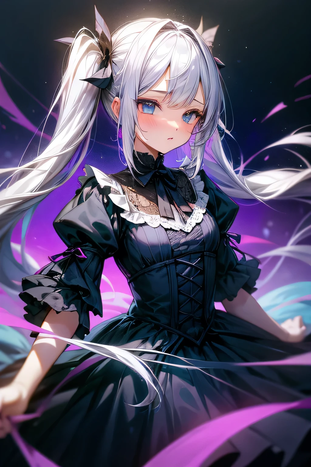 (1girl),gothic,twintails,white hair, organza lace,Gorgeous and fussy clothes,gothic, flying, blue, (colorful), bold strokes, gradient blends, motion blur, shimmering textures, dynamic composition, atmospheric perspective, impressionistic, , (masterpiece), (best quality), Amazing, (beautiful detailed eyes), (finely detail), Depth of field, extremely detailed CG, original, extremely detailed wallpaper, (vivid colors), cinematic lighting, (colorful), blush,