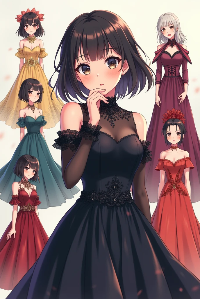 Close up portrait of people in dresses in different poses, Anime illustration by Ogura Yuuki, Topics on pixiv, Conceptual Art, Anime girl in a black dress, Girl cartoon character design, Anime Character Reference Sheet, whole body!!, In a dress, Anime Character Design, best Anime Character Design, anime whole body illustration, single character whole body