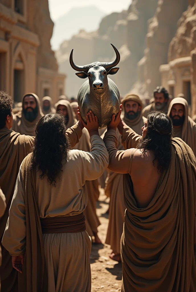 (photorealism:1.2), People worshipping a small silver bull figure, loading it between several people ,at the time of Jesus Christ
