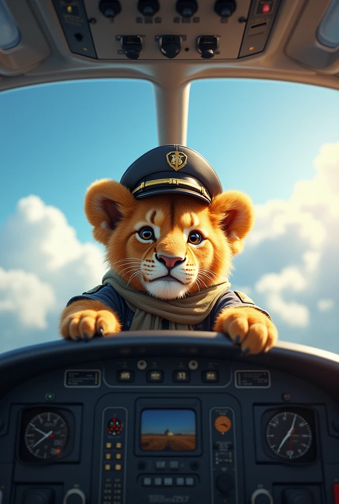 up in the air，Little lion sitting on the plane as a pilot
