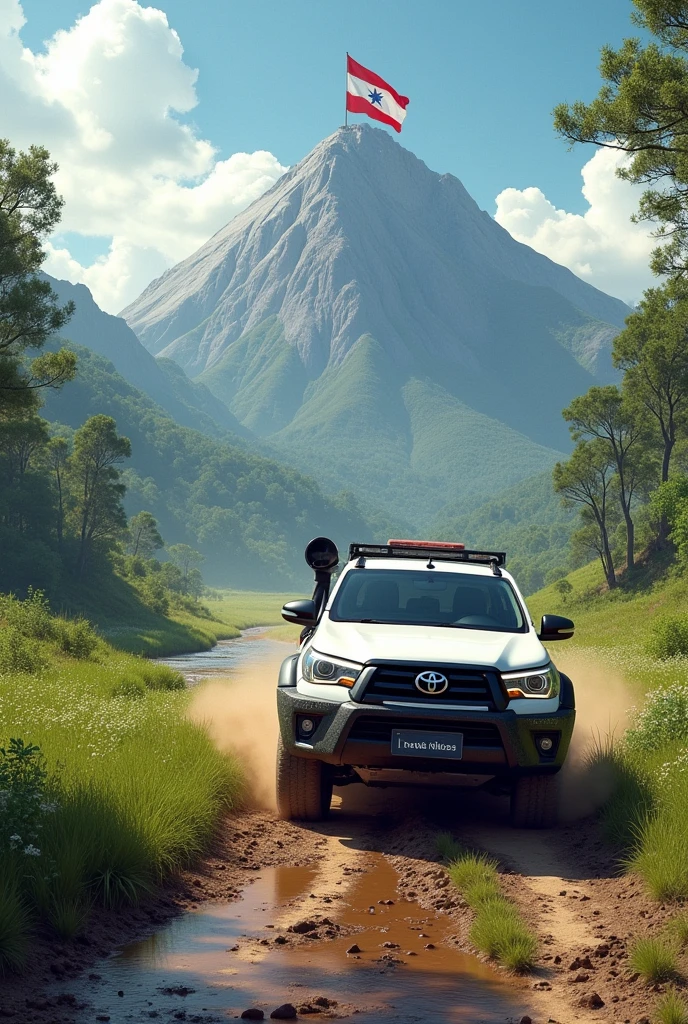Ceeame a white Toyota Hilux Colos on a dirt road with mud, that has a background of a meadow and in the background a mountain with a river and at the top the national flag of Honduras 