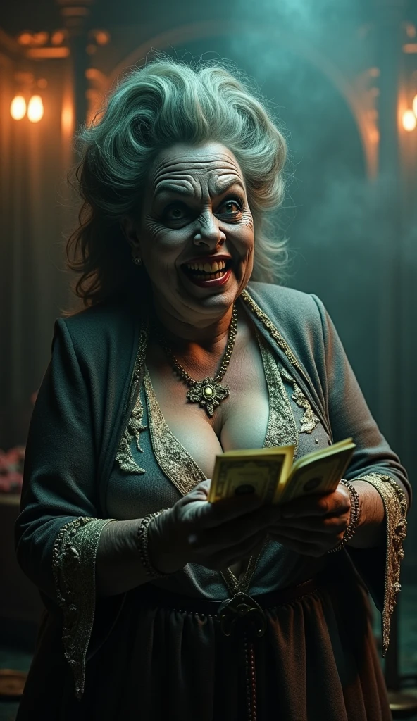 Best quality, masterpiece, circus interior background, an evil-smiling woman, wearing fancy clothes, very heavy makeup, dark wrinkles, fat and large body, gray skin, (blendless skin), detailed image texture, grotesque, horror, creepy atmosphere (not AI image), foggy, dark night, fancy lighting, close-up, upper body only image, counting money