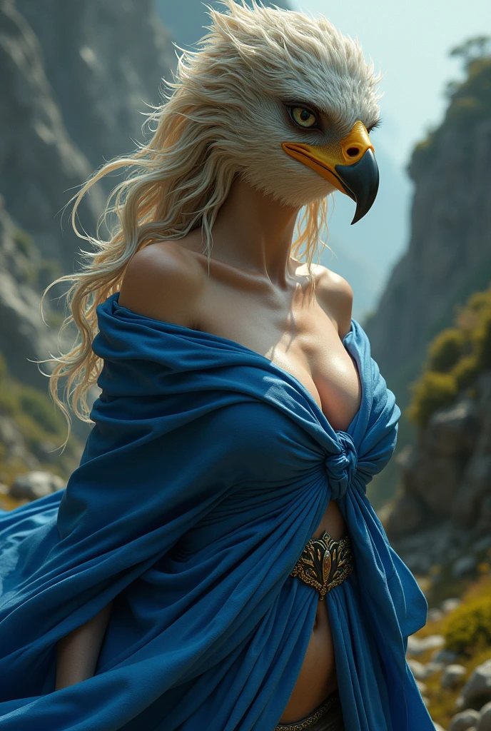 Half eagle woman with very large breasts, covered with a blue shawl without pants, as real as possible, high quality, full body