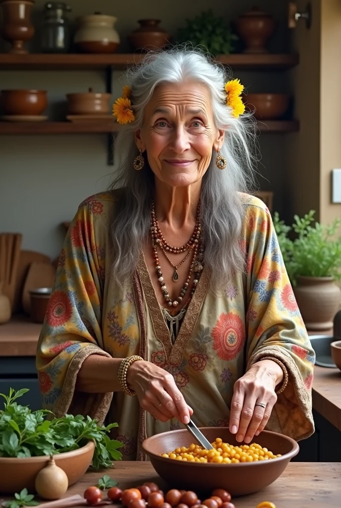 Senior woman 6 hippy bohemian giving cooking