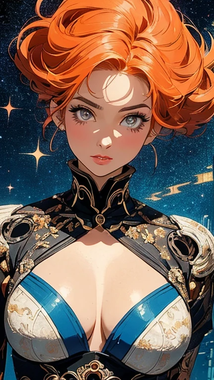 (masterpiece, Highest quality), 32K,(Highly detailed beautiful woman), Poster,sf,1960s,1970s,Bauhaus, shape, Abstract,movie Poster, Vintage,Retro,Future Anime,The ultimate map,highlight,Very detailed glowing eyes,Cleavage,Complex patterns,Stylish hairstyle,Grey and orange outfit,Starry Sky