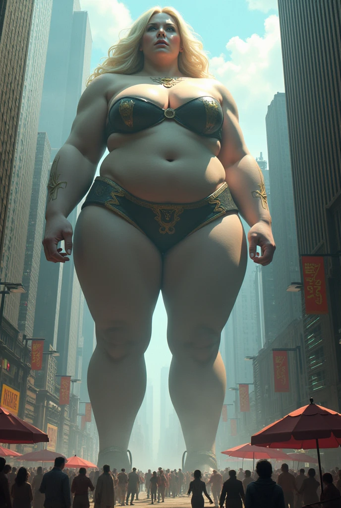 A giantess suddenly appears in the bustling city, her towering figure reaching into the clouds like a moving skyscraper. She is described as a mature woman, a giant woman reyna Maléfica, a titan woman, with a busty figure, huge breasts, thick thighs, and a perfect body. She is adorned with a deep cleavage, dressed in a manner befitting a superwoman, including underwear and attire that one would associate with a superwoman, such as pantyhose, garter belt pantyhose, and open-toe sandals. With her blonde hair, she presents an imposing yet captivating image.

People will try to escape from under the giantess's feet as quickly as possible. Emergency service personnel will organize evacuations and guide people to safe areas. At the same time, there may be volunteers and rescue teams on the scene to assist those who are injured.