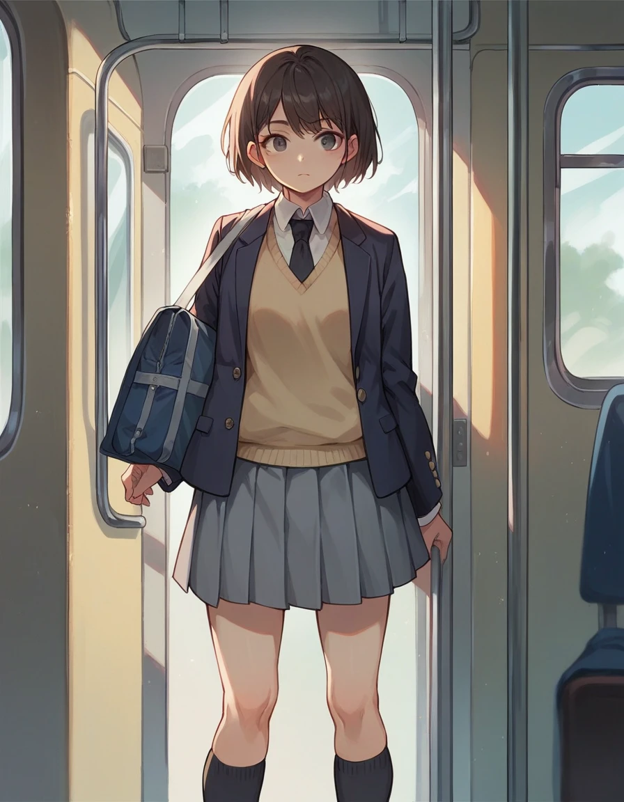 1 girl, solo, short hair, school uniform, blazer, sweater vest, black necktie, gray skirt, long socks, looking at viewers, train, cowboy shot