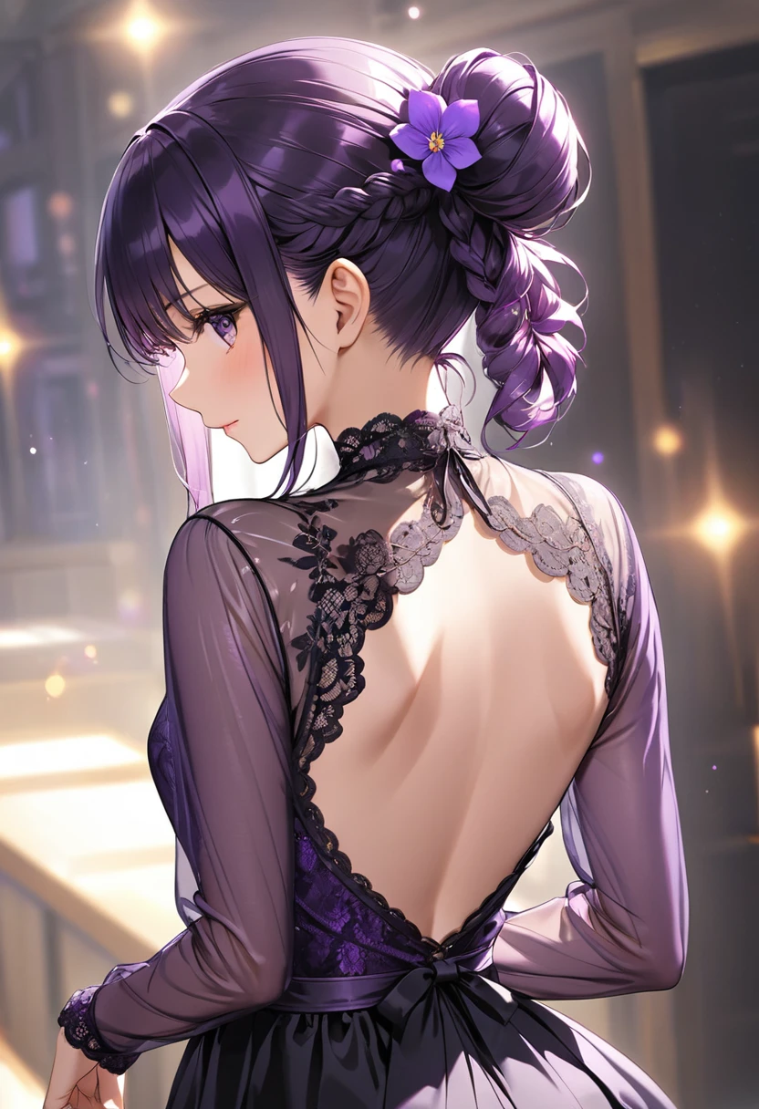 (Shiny purple long sleeve one piece,)(((Flare flower lace see-through))), black braids, (hair tied up at the back),
