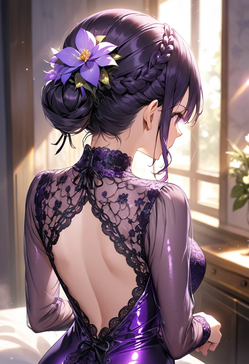 (Shiny purple long sleeve one piece,)(((Flare flower lace see-through))), black braids, (hair tied up at the back),