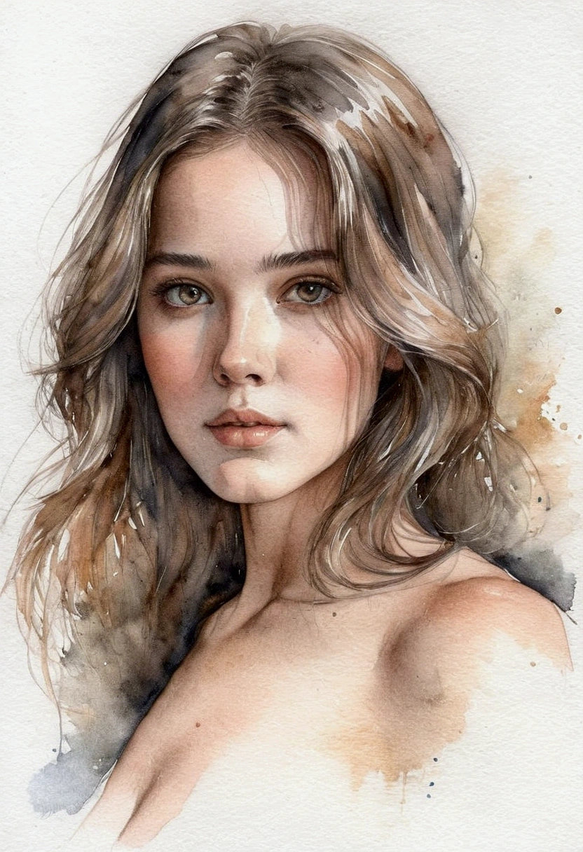 A delicate, watercolor painting portrays, a nude beautiful young Monica Belluccy,  medium firm breasts, round firm nipples, without background, her features rendered in subtle shading and precise lines. The half body framing is tight, focusing attention on the subject's serene face. Soft, feathery strokes convey the gentle texture of her hair, 