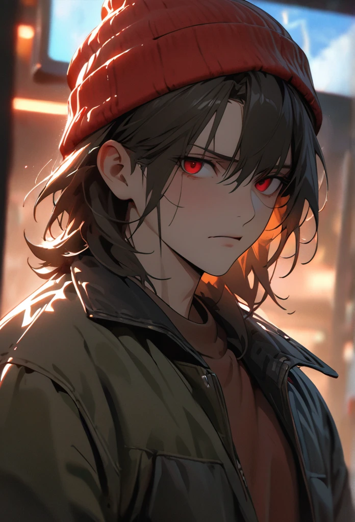 1boy, male, high detail, conceptual art, short beard, green jacket, japanese cartoon movies, gothic art, masterpiece, open jacket, pants, red beanie, super detail, high details, high quality, best quality, short beard, slim male, red eyes, brown hair, medium length hair, medium hair, pretty, tall, emotionless, tired, angry, middle long, ((male face)), male focus, solo, looking at viewer, angry, yandere expression (face close-up), high detail, masterpiece, super detail, high details, high quality, best quality, pretty, tall, emotionless, ((male face)), handsome, solo, looking at viewer, light,, 4k quality,cinematic lighting, ray tracing, depth of field, cinematic lighting, ray tracing, UHD, high details, best quality, highres, high quality, award winning, super detail, masterpiece, 8k, UHD, high details, best quality, highres, high quality, award winning, super detail, masterpiece, 8k, digital art, anime coloring, full body, body shot, good face, perfect face, detailed face, good eyes, lab background, neon lights