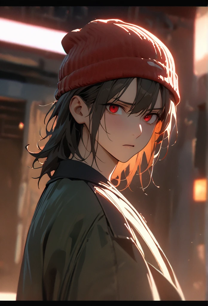 1boy, male, high detail, conceptual art, short beard, green jacket, japanese cartoon movies, gothic art, masterpiece, open jacket, pants, red beanie, super detail, high details, high quality, best quality, short beard, slim male, red eyes, brown hair, medium length hair, medium hair, pretty, tall, emotionless, tired, angry, middle long, ((male face)), male focus, solo, looking at viewer, angry, yandere expression (face close-up), high detail, masterpiece, super detail, high details, high quality, best quality, pretty, tall, emotionless, ((male face)), handsome, solo, looking at viewer, light,, 4k quality,cinematic lighting, ray tracing, depth of field, cinematic lighting, ray tracing, UHD, high details, best quality, highres, high quality, award winning, super detail, masterpiece, 8k, UHD, high details, best quality, highres, high quality, award winning, super detail, masterpiece, 8k, digital art, anime coloring, full body, body shot, good face, perfect face, detailed face, good eyes, lab background, neon lights
