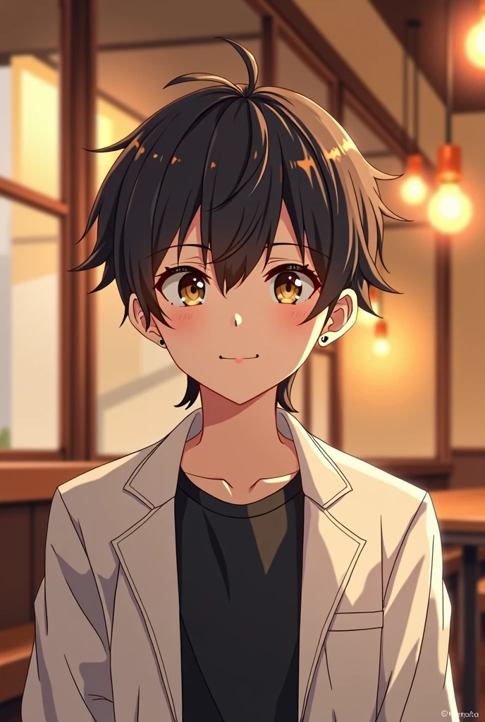 Boy looking forward with tenderness and mischievous eyes with a mouth in the shape of a *IN* anime style with white jacket and black shirt in the background of a cafe