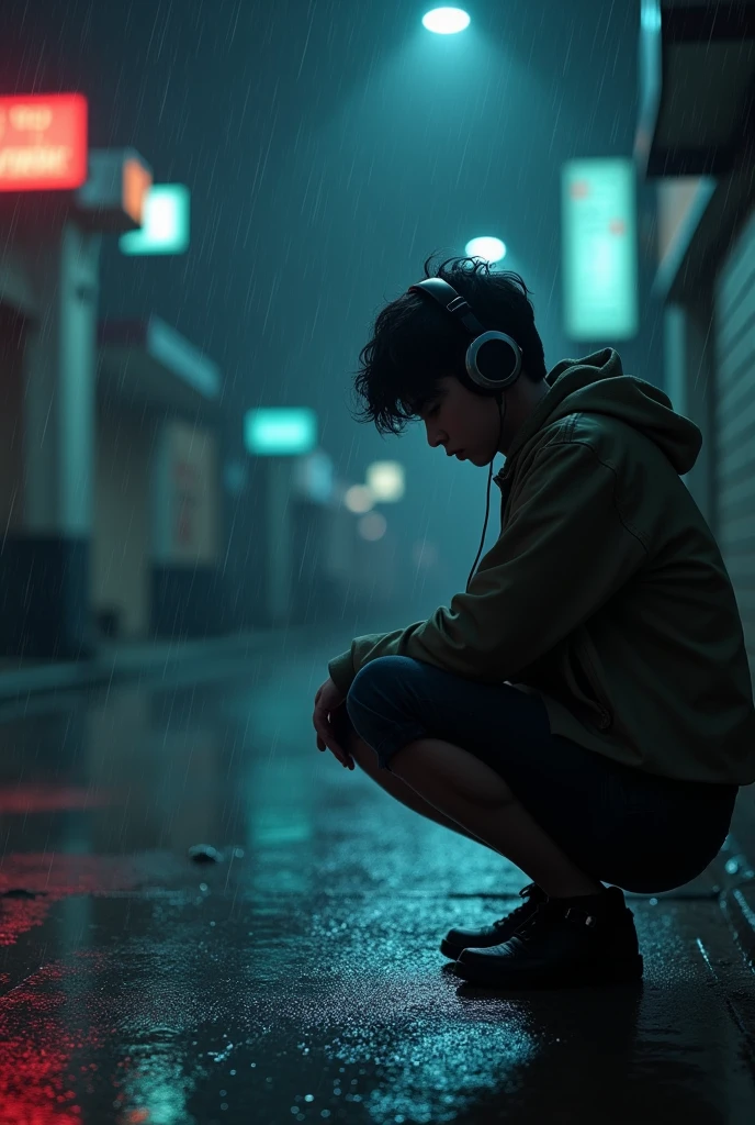 A sad boy listings music  in headphones at night in rain 